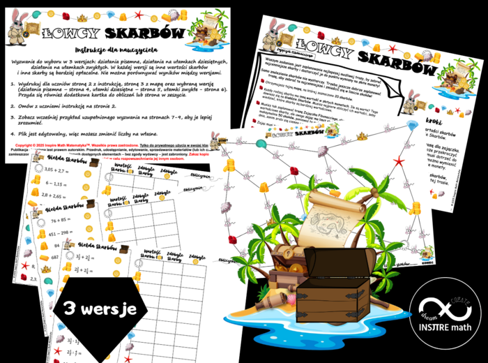 Matematyczni Łowcy Skarbów (działania pisemne lub ułamki zwykłe lub ułamki dziesiętne). Czerwiec, lato, wakacje.