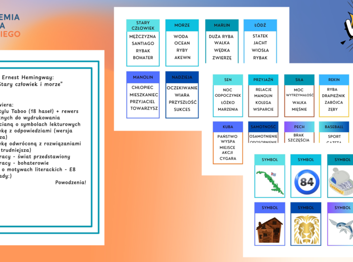"Stary człowiek i morze" - kompletny pakiet: dwie gry karciane, (odwrócona) kartkówka, dwie karty pracy i garść pomysłów
