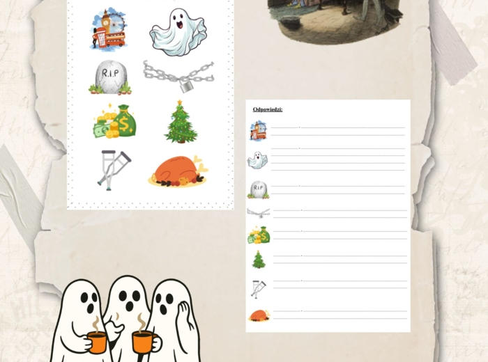 Ikony (obrazki) do lektury "Opowieść wigilijna" Charlesa Dickensa, język polski, egzamin ósmoklasisty, lektura obowiązkowa klasa 7-8