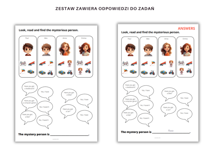 Nazwy zabawek + Konstrukcja gramatyczna, zwrot "Have you got ...?" + krótkie odpowiedzi - karty pracy