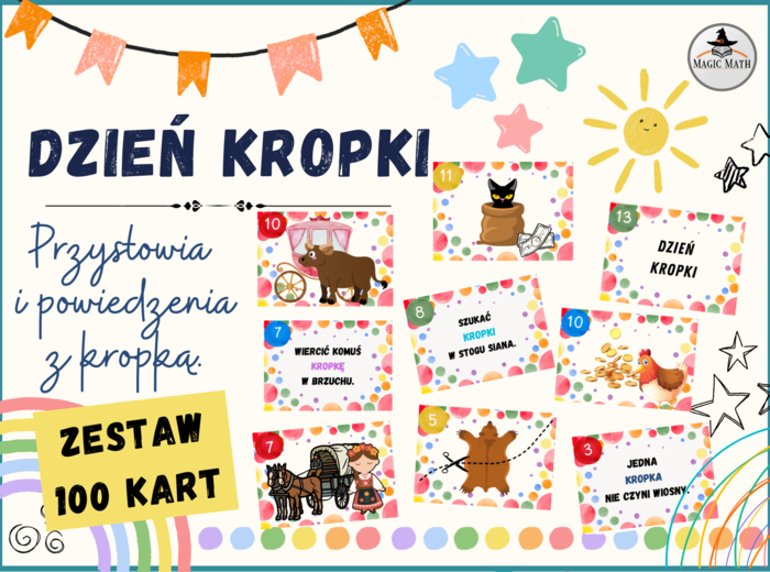 DZIEŃ KROPKI - zestaw kart z przysłowiami i powiedzeniami, 100 kart!