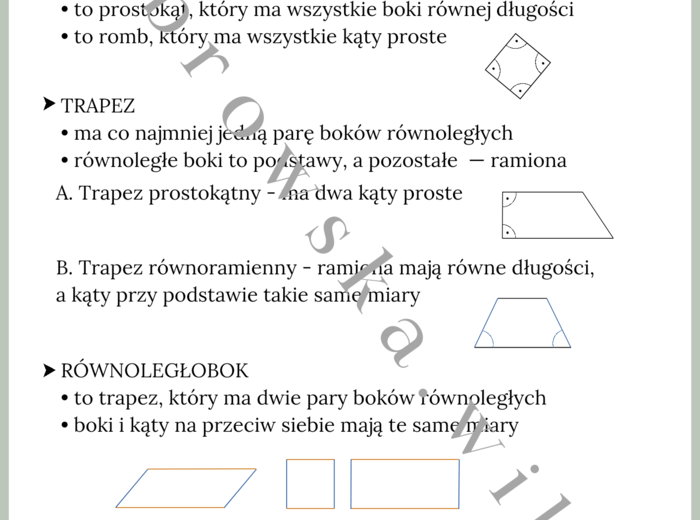 Rodzaje i cechy czworokątów - notatka