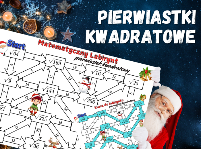 MATEMATYCZNY LABIRYNT - pierwiastek kwadratowy, klasa 7-8, karta pracy, Boże Narodzenie, Święta, Mikołajki, zima