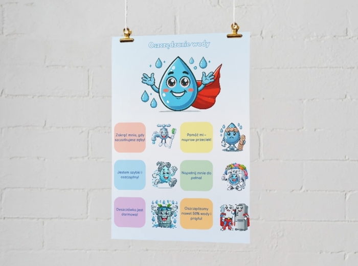 Infografiki na temat segregacji odpadów, oszczędzania wody i energii.