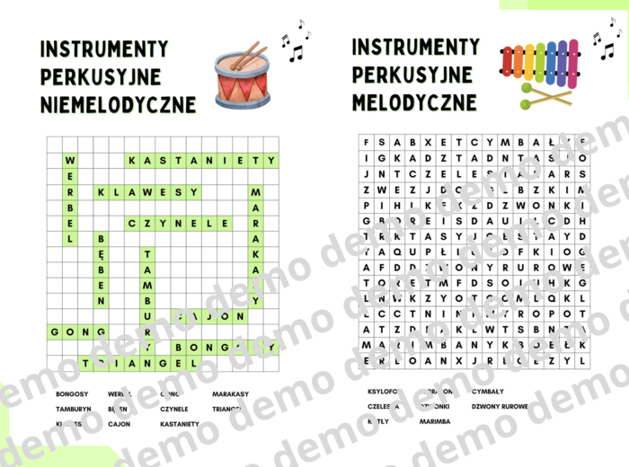 Muzyka, klasa 4. Instrumenty perkusyjne. Karty pracy: dwie wykreślanki.