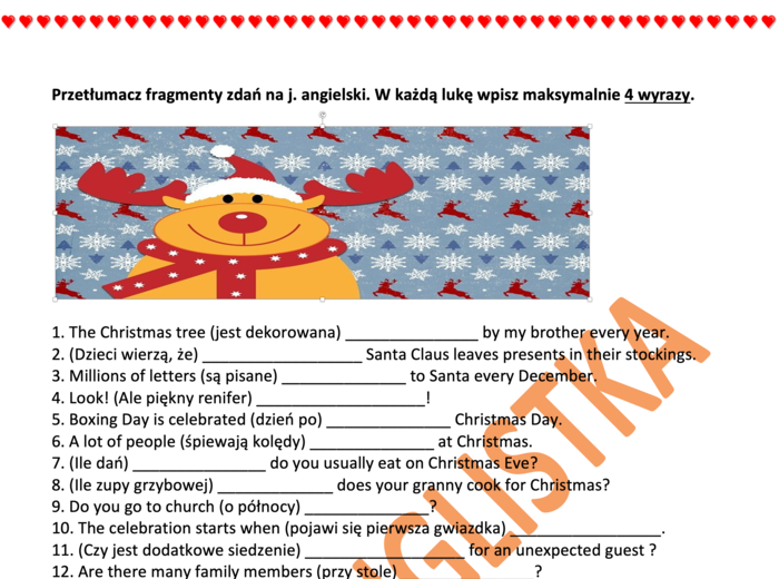 Tłumaczenie fragmentów zdań - Święta Bożego Narodzenia- Egzamin Ósmoklasisty z j. angielskiego