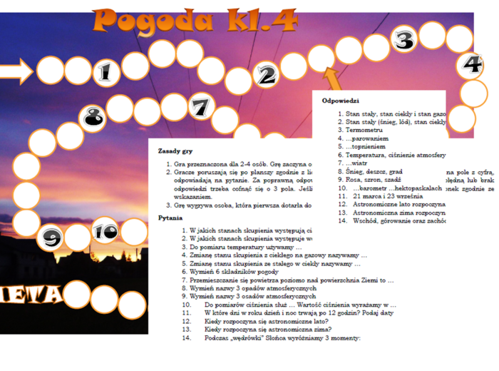 Gra planszowa dla klasy 4 na podsumowanie działu "Poznajemy pogodę i inne zjawiska przyrodnicze"