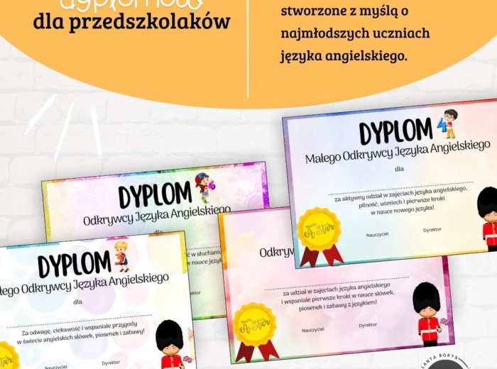 Dyplom _ Zestaw 4 dyplomów z języka angielskiego dla przedszkolaków