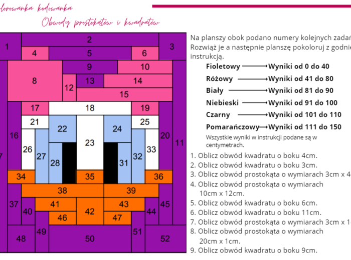 Kolorowanka kodowanka - obwody prostokątów i kwadratów