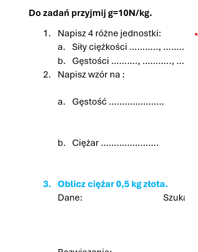 Karta pracy/kartkówka gęstość i ciężar