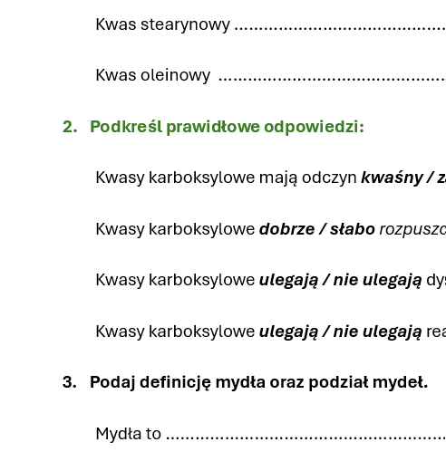 Karta pracy/kartkówka WYŻSZE KWASY KARBOKSYLOWE
