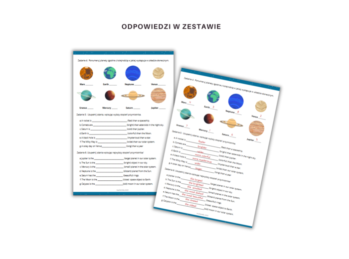 Leksykalno-gramatyczne karty pracy – Kosmos – Planety – Stopniowanie przymiotnika – Język angielski klasa 5–6 – PDF do druku – comparatives & superlatives – ESL A1+ Space CLIL