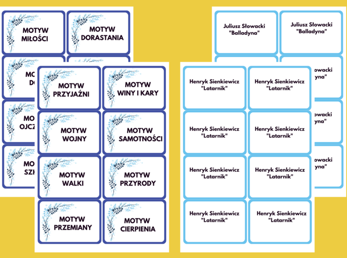 MOTYWY LITERACKIE - lektury- fiszki - klasy 7-8 - egzamin - powtórzenie