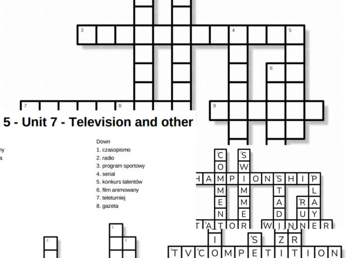 Brainy 5 – Unit 7 – krzyżówki – Sports events, places and people/Television and other media