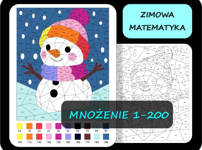 Kolorowanka matematyczna, mnożenie 1-200, tabliczka mnożenia, pokoloruj według wyników mnożenia, zimowa matematyka 4 Bałwanek