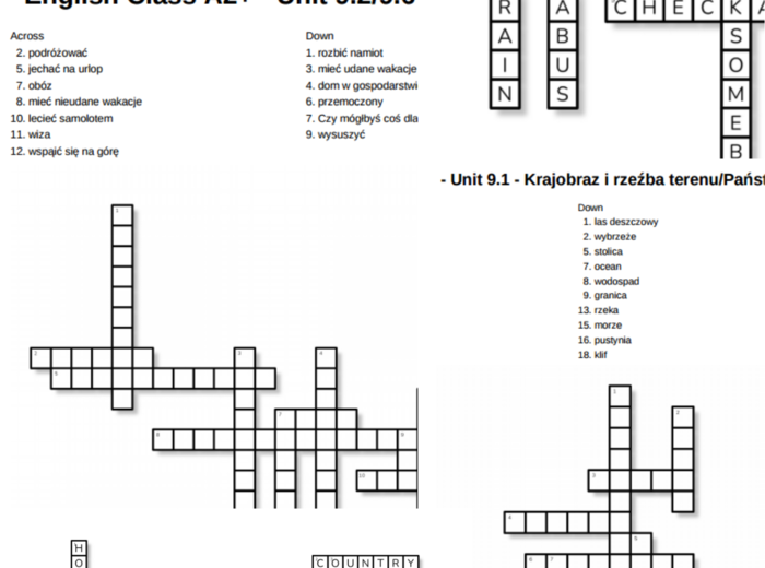 English Class A2+ – Unit 9 – krzyżówki – Krajobraz i rzeźba terenu_Państwa/Aktywności na świeżym powietrzu_Sprzęt sportowy/Out of class/9.7