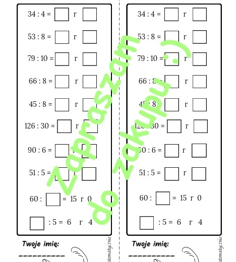 Dzielenie z resztą - szybka kartkówka (klasa 4-5)