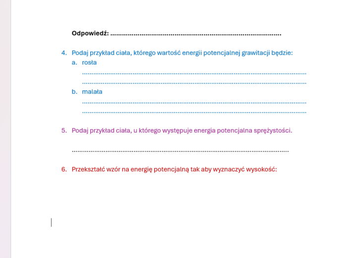 Karta pracy/kartkówka ENERGIA POTENCJALNA