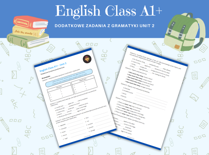 English Class A1 + plus Grammar Worksheet Unit 2 karta pracy dział drugi gramatyka Rzeczowniki niepoliczalne i policzalne some any a an how much how many klasa język angielski
