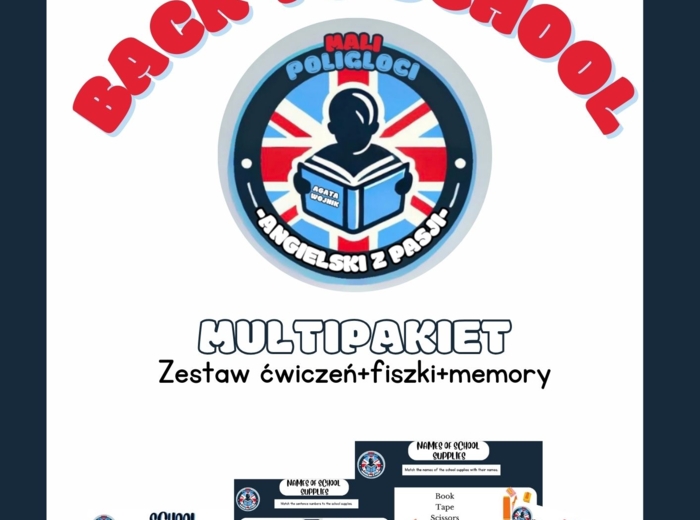 Zestaw materiałów z zadaniami + gra memory + fiszki do tematu "School Supplies" (Przybory szkolne)