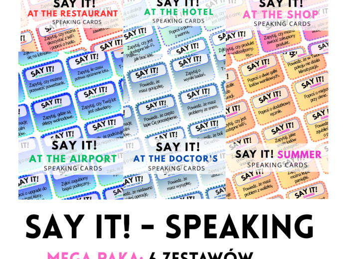 SAY IT! SPEAKING – MEGA PAKA: aż 480 Speaking Cards – 6 zestawów – At the Restaurant - At the Shop - At the Hotel - At the Airport - At the Doctor's - Summer - Everyday English - praktyczny angielski – mówienie – wakacje – lato – A2 - B1 - B2