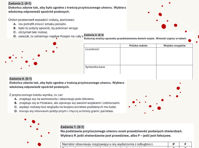 Reduta Ordona - zestaw zadań egzaminacyjnych, powtórkowych, do omówienia lektury