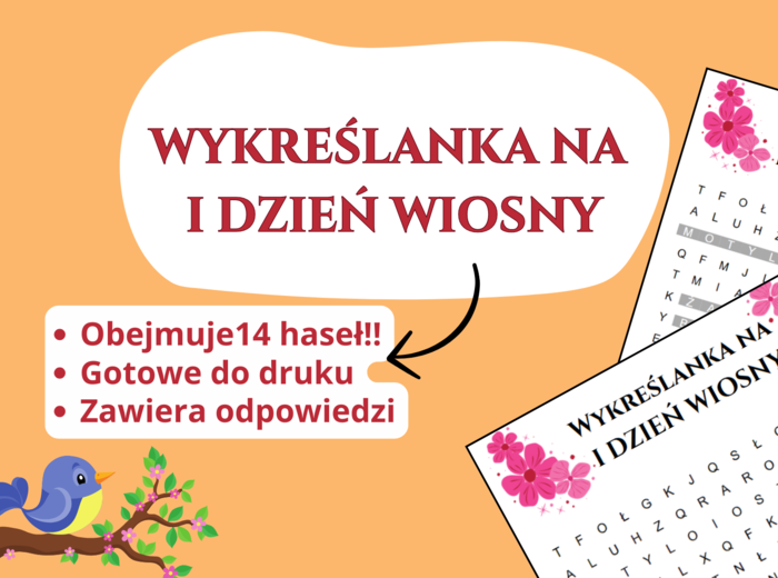 Wiosenna wykreślanka 🌸🌞 – język polski, przyroda, biologia, godzina wychowawcza, pierwszy dzień wiosny, świetlica, klasa 1-3, klasa 4-6