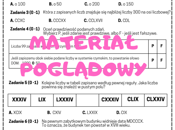 Liczby rzymskie - karta pracy. Egzamin ósmoklasisty.