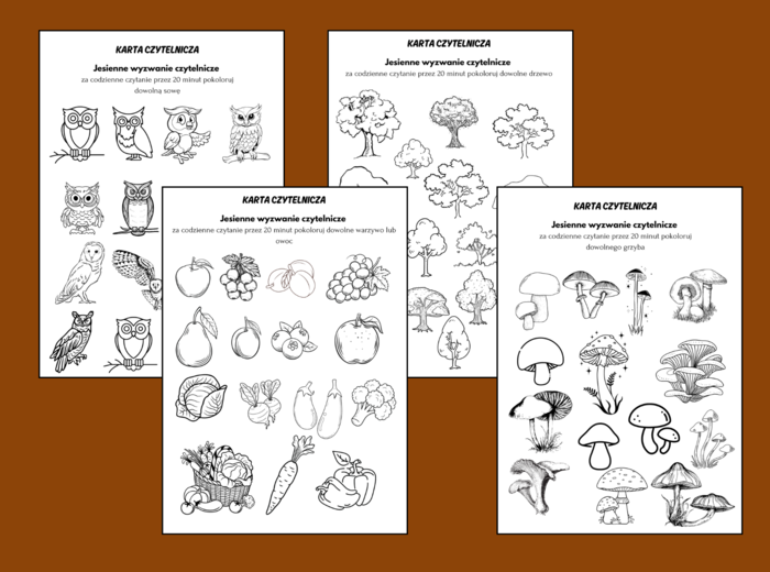 Jesienne WYZWANIE CZYTELNICZE – karta czytelnika – BIBLIOTEKA - jesień - 4 wersje