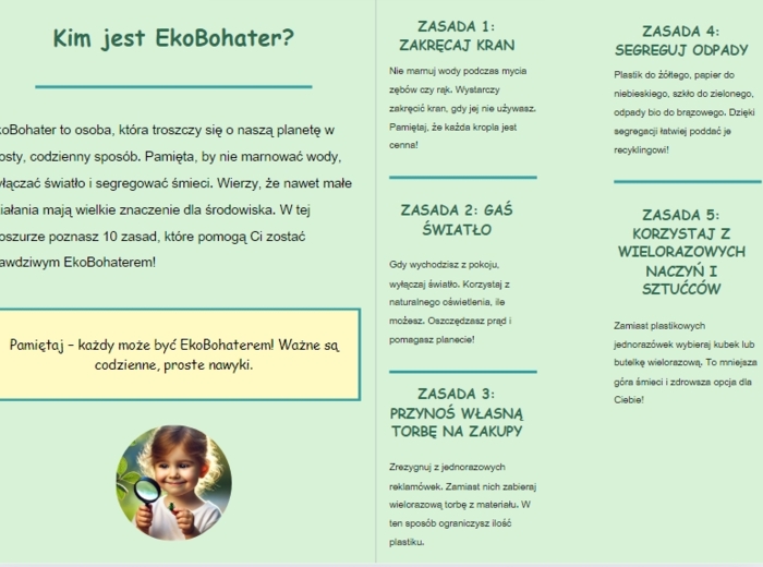 Broszura z ekologicznymi wskazówkami na co dzień. 10 zasad do zapamiętania.