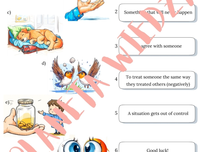 Najpopularniejsze angielskie idiomy – Karta pracy dla uczniów, Ćwiczenia zwrotów – język angielski, (poziom A2/B1, szkoła podstawowa), PDF do druku