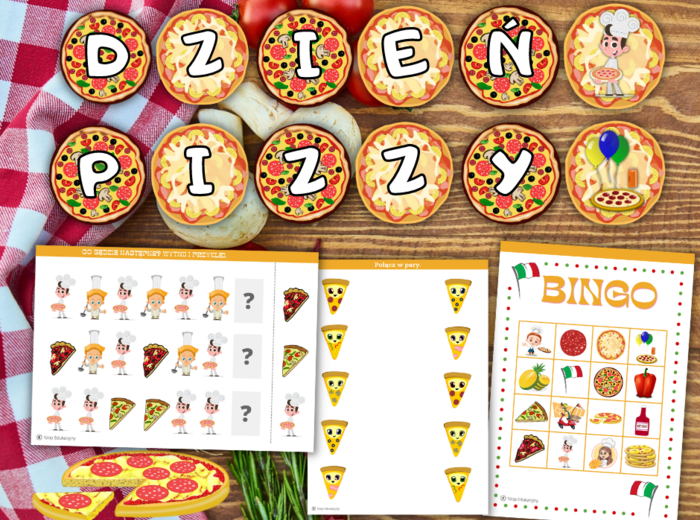 Dzień Pizzy. Girlanda. Zadania. Dyplom. Przypinki. Bingo