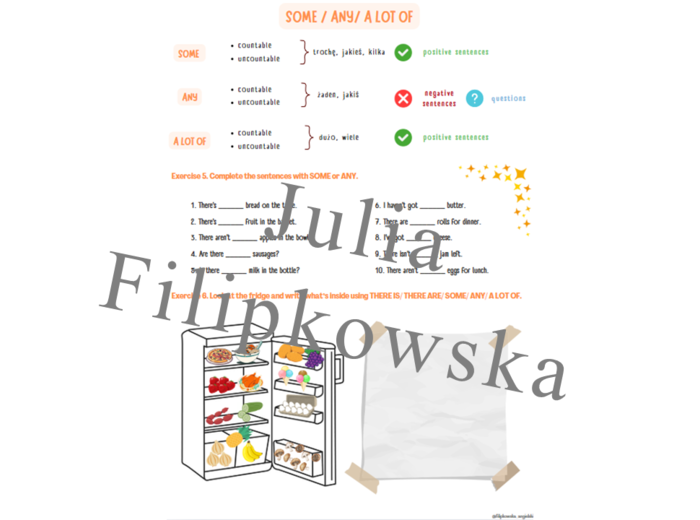 Rzeczowniki policzalne i niepoliczalne / Countable and uncountable nouns / Some / Any / A lot of / Brainy 4 Unit 6 / Jedzenie / Worksheet/ Zestaw zadań/ Teoria i Praktyka/ Teoria/ Theory/ Zadania/ Pakiet/ Karta pracy/ Gramatyka/ Grammar/ English Grammar/