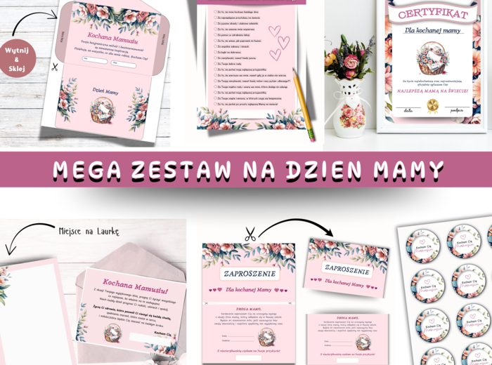 Zestaw na Dzień Mamy : Zaproszenie na dzień Mamy, Kartki na dzień mamy, Certyfikat dla Mamy, Kotyliony dla Mamy ❤️