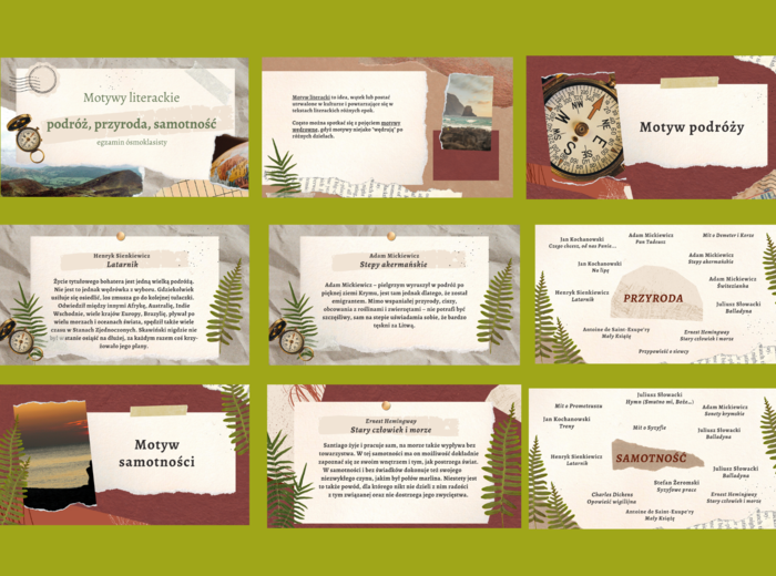 MOTYWY LITERACKIE - podróż, przyroda i samotność - prezentacja – 39 slajdów – lektury kl.7-8 i nie tylko – egzamin – powtórzenie Materiał cyfrowy