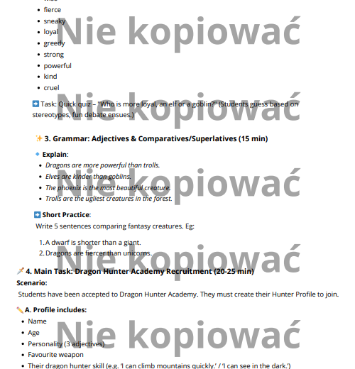 Dragon Hunter Academy: karta pracy + scenariusz lekcji A2+/B1