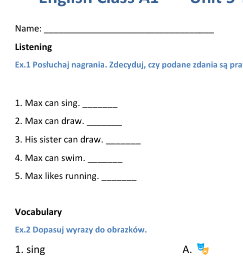 English Class A1 klasa 4 Test Unit 5
