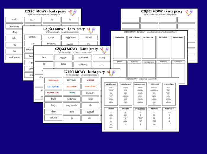 CZĘŚCI MOWY – czasownik – rzeczownik – przymiotnik – przysłówek – liczebnik - zaimek – spójnik – wykrzyknik – przyimek – partykuła - karta pracy - fiszki – egzamin – powtórka + odpowiedzi