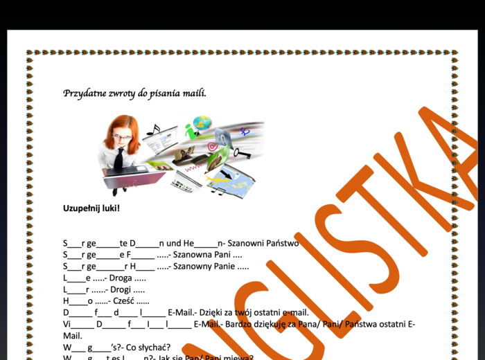 Przydatne zwroty do pisania e-maili- ćwiczenie z lukami- j. niemiecki egzamin ósmoklasisty/ matura +klucz