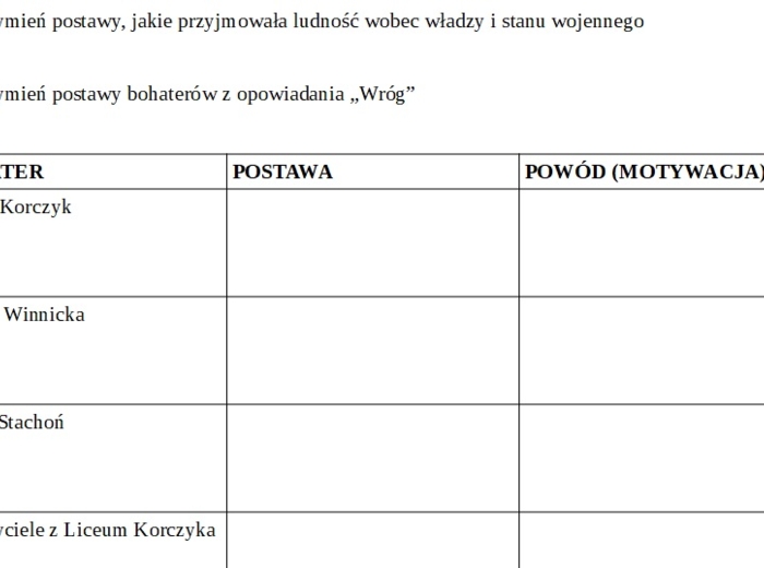 Marek Nowakowski "Raport o stanie wojennym". Opowiadanie "Wróg". Postawy wobec władzy Karta pracy