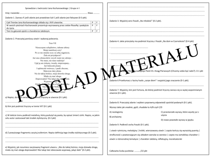 Sprawdzian z twórczości Kochanowskiego + odpowiedzi (2 grupy)