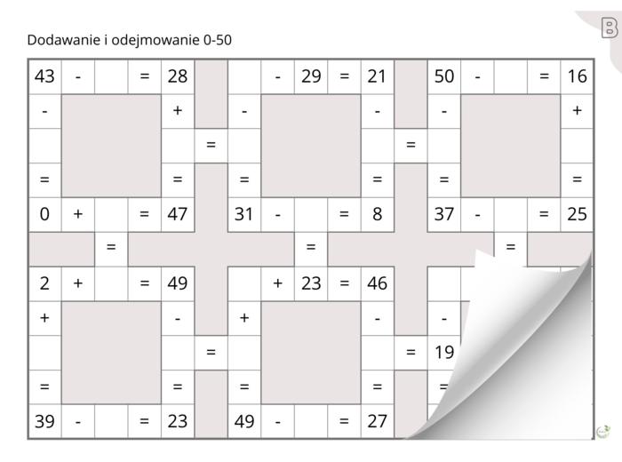 Liczby niewiadome w matematycznych krzyżówkach, dodawanie i odejmowanie w zakresie 0-99