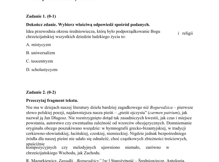 📃Test historycznoliteracki – język polski – matura Średniowiecze