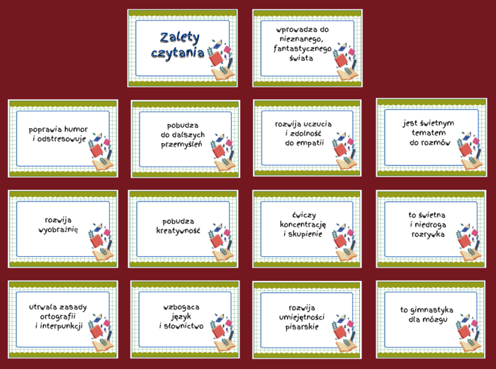ZALETY CZYTANIA KSIĄŻEK – gazetka – biblioteka – świetlica – język polski – 14 stron – wersja 6