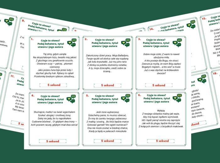 CZYJE TO SŁOWA? – 72 cytaty – LEKTURY OBOWIĄZKOWE – egzamin – kl.7-8 – gra „5 sekund” + ODPOWIEDZI - powtórka