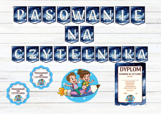 Pasowanie na czytelnika - Napis, dyplom, medal