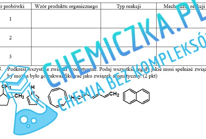 Węglowodory aromatyczne, kartkówka gr. A i B, karty pracy z odpowiedziami i schematem oceny