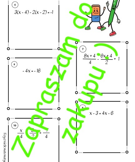 Równania pierwszego stopnia z jedną niewiadomą - karta pracy lub kartkówka z rozwiązaniami.