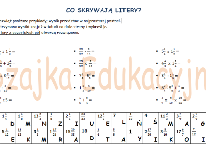 Matematyka. Co skrywają litery? - Działania na ułamkach zwykłych.