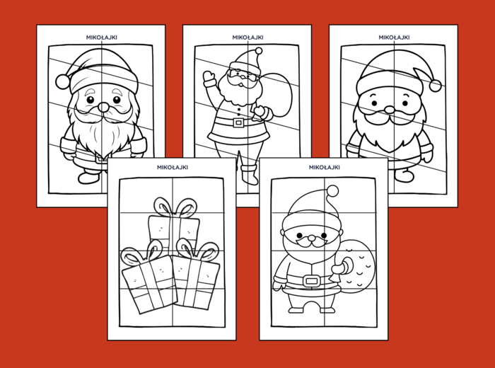 MIKOŁAJKI – Mikołaj – Boże Narodzenie – UKŁADANKA – układanki – puzzle – kolorowanka – 10 szt. biblioteka – świetlica – przedszkole